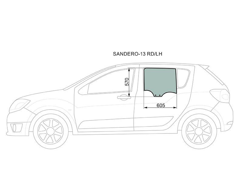 SANDERO-13 RD/LH Стекло боковое опускное (Сзади/ Слева/ Цвет зеленый) Renault Logan 14- / Sandero 14- / Dacia Logan 1